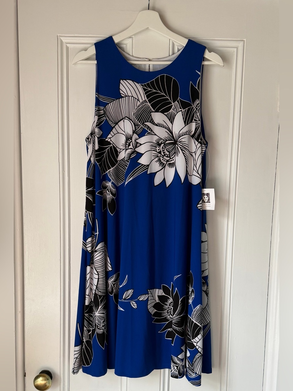 Anne Klein Floral Print Sleeveless A-Line Swing Dress Black White Blue Size 14